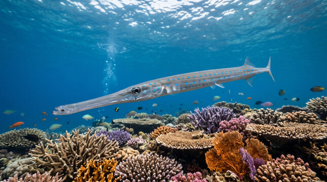 Cornetfish swims past a colorful coral reef structure in the deep blue tropical sea.