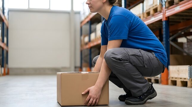 Warehouse Worker Kneeling with Cardboard Box in Industrial Storage Facility