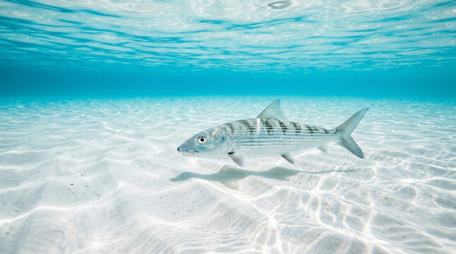 Bonefish glides silently over the pristine white sand of a shallow tropical seabed.