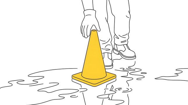 Person Wearing Casual Shoes Placing Yellow Traffic Cone on Wet Surface