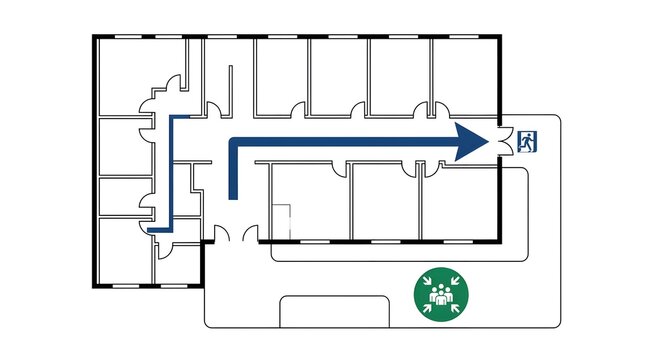 Emergency Exit Sign in Building Floor Plan with Direction Arrow and Assembly Point