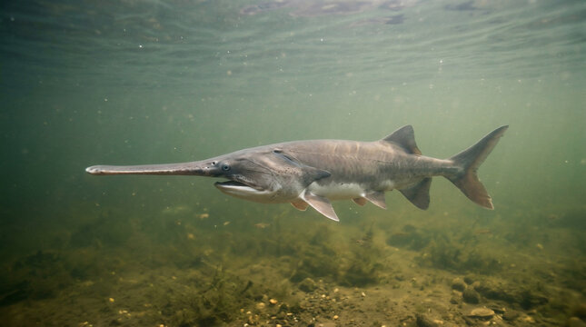 Paddlefish glides gracefully through the murky underwater depths of a natural freshwater habitat.
