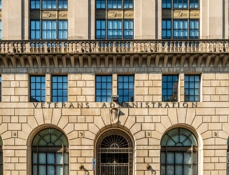 Newark, NJ - US - Jul 26, 2026 Close-up of the historic Veterans Administration building in Newark, New Jersey, showcasing ornate stonework, arched windows, and classical architectural detail.