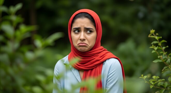 Young Muslim woman in red hijab expressing sadness and pouting outdoors surrounded by green foliage.