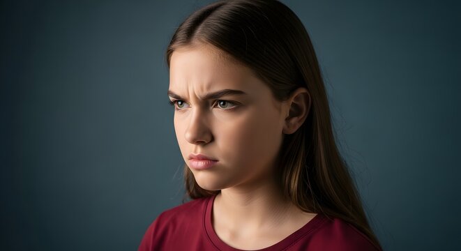 Portrait of an angry and frustrated teenage girl frowning with a grumpy expression against a dark background.