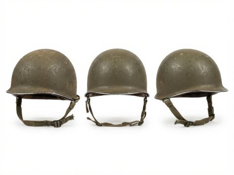 Three views of a vintage world war two era olive drab helmet