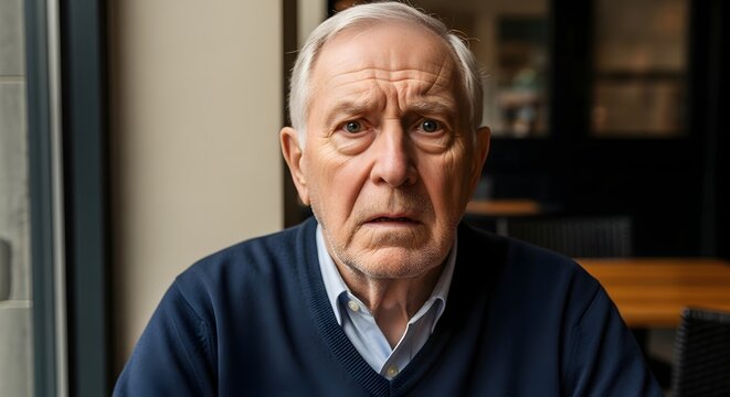 Confused and worried senior man looking directly at the camera with a concerned expression indoors.
