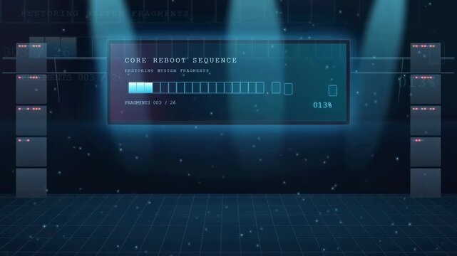 Futuristic Digital Interface Showing Core Reboot Sequence with Progress Bar and System Alert