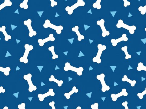 Seamless Pattern Featuring White Dog Bones And Light Blue Triangles On Blue