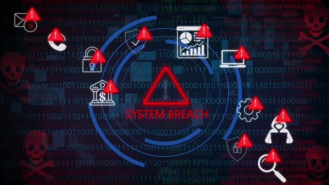 Data error cybersecurity alerts displaying warning symbols, animation, hacking threats, data breaches, and internet security issues, a technology concept