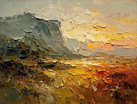 Abstract oil landscape painting with heavy impasto texture. Vibrant yellow golden sunset light illuminates hills above dark terrain. Rough brushstrokes create dynamic motion across canvas surface.