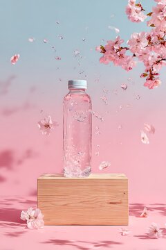 Clear plastic water bottle on a wooden block surrounded by falling pink cherry blossom petals on soft background