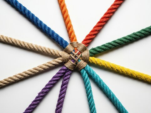 A vibrant collection of colorful ropes tied together in a central knot