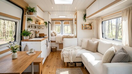 Fototapeta premium Modern and Cozy Luxury Camper Van Interior Design with Minimalist Decor, Sofa, Kitchen, and Bed