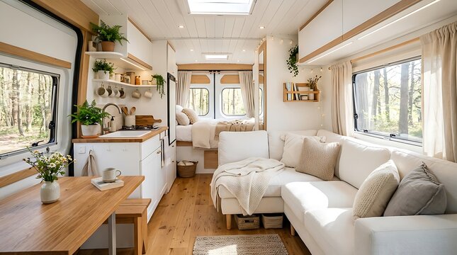 Modern and Cozy Luxury Camper Van Interior Design with Minimalist Decor, Sofa, Kitchen, and Bed