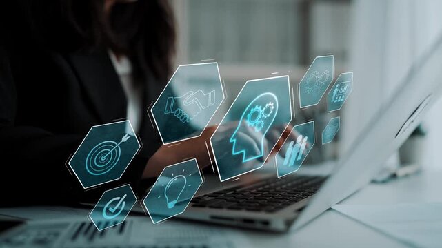 Head with gear and icons representing learning, digital training, and development process, showing skill growth for human or AI systems through knowledge or task optimization Marrow