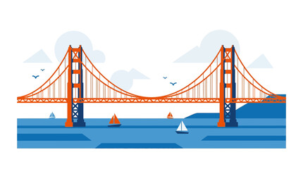 Fototapeta premium Vibrant isometric illustration of a grand suspension bridge spanning a wide bay. Modern architectural rendering featuring stylized boats and clouds