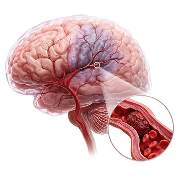 Human Brain Anatomy Showing Blood Clot Formation in Cerebral Artery Causing Ischemic Stroke and Vascular Blockage