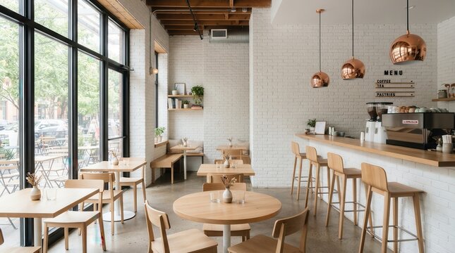 Modern coffee shop interior with wooden tables and bar stools in a bright cafe