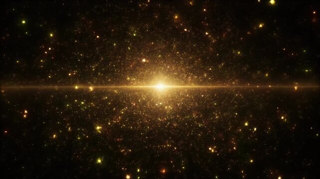 ゴールドの輝く宇宙空間に広がる無数の星と銀河の幻想的な光の背景

