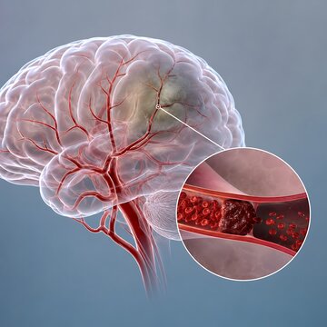 Transparent Human Brain with Ischemic Stroke Caused by Blood Clot Blocking Cerebral Artery and Magnified Vessel 3D Medical Illustration