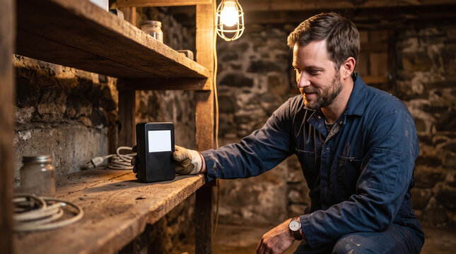 Home inspector checking a continuous radon gas monitor on a cellar shelf.