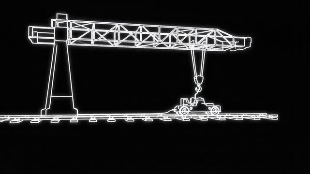 Industrial crane line art lifting cargo on rails.