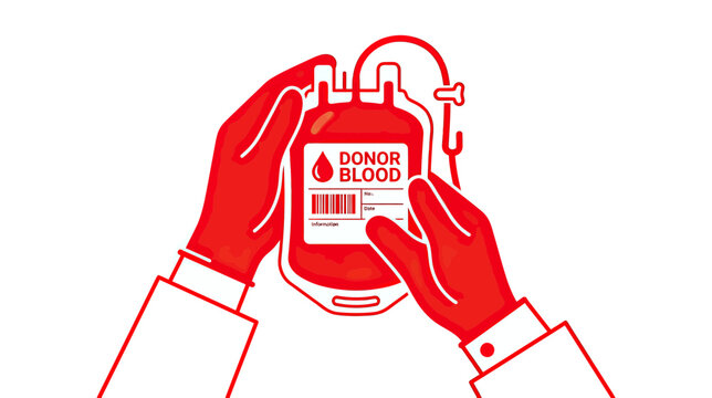 Donor blood bag held by hands, medical illustration