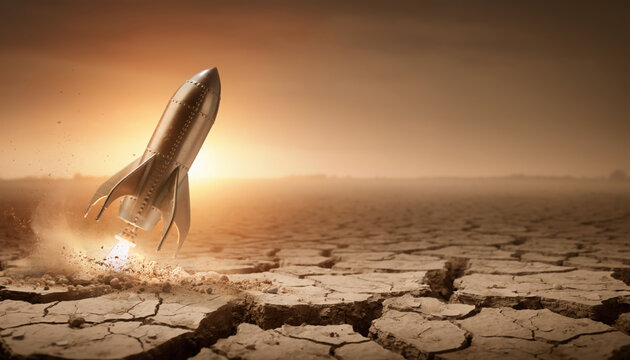 Sepia tone image of rocket launching from cracked dry earth with dramatic lighting and dust clouds creating intense atmosphere
