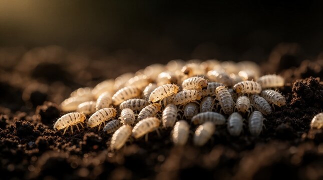 Close-up macro view of pale grub larvae clustered on dark soil surface. Small insects crawl together in warm, soft light on ground. Group of grubs preparing for metamorphosis.