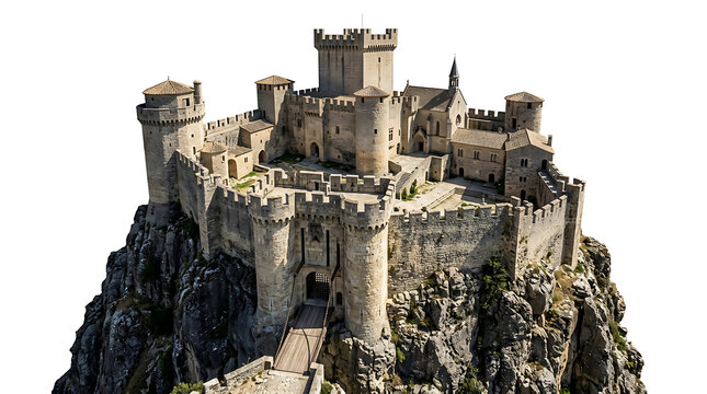 Majestic Medieval Stone Castle Fortress Perched on a High Rocky Mountain Peak Isolated