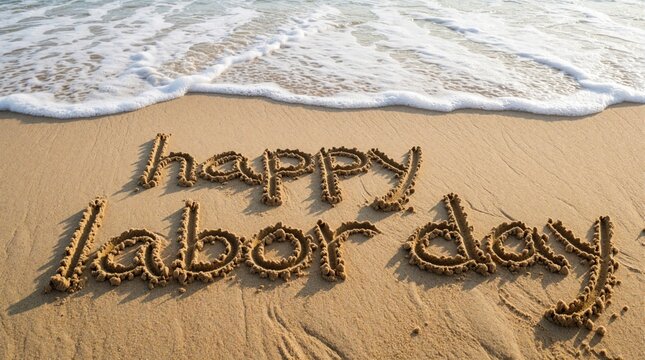 Happy Labor Day written in golden sand on tropical beach shore. Foamy blue ocean wave washes letters on coastal line. Celebration of international workers holiday at sea side during spring time. Text