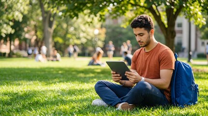 Obraz premium Young male student using a digital tablet while sitting on a campus lawn
