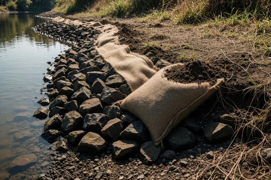 Shoreline restoration project uses burlap sandbags for bank stabilization along river. Stone riprap protects muddy slopes against water erosion, runoff. Natural engineering methods install heavy