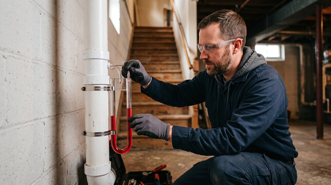 Technician checking U-tube manometer pressure on radon mitigation system