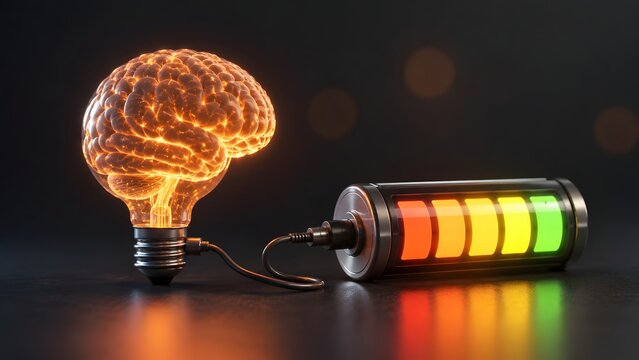 Orange glowing brain inside glass lightbulb connected to battery with wire. Concept of creative energy fueling, and idea generation.