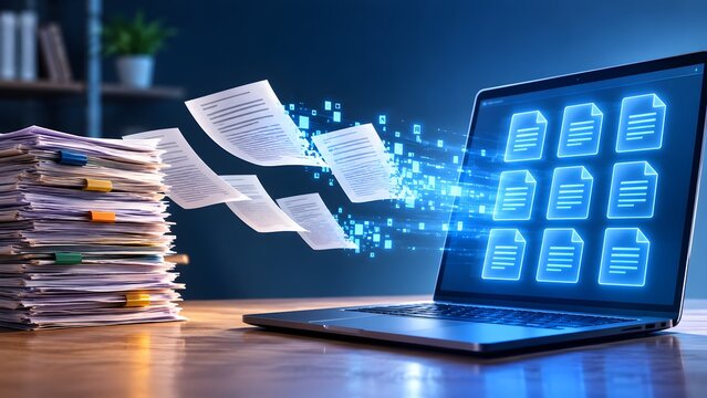 Stack of documents flying into a laptop screen becoming glowing blue icons. Concept of automated data entry, digital transformation, and bookkeeping.