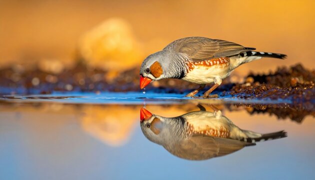 Zebra finch drinking at sunrise with reflection in calm water