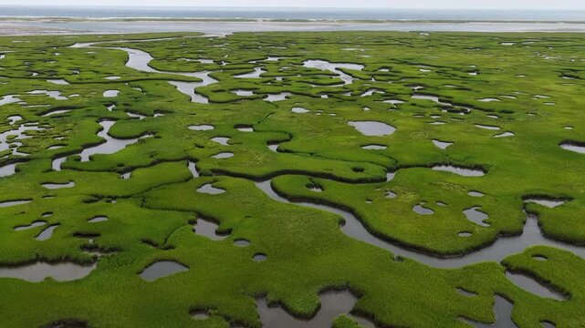 Narrow channels meander through an extensive salt marsh in Pleasant Bay, Cape Cod. Marshes provide critical habitat for many birds, fish, and marine invertebrates to feed, mate, and nest.