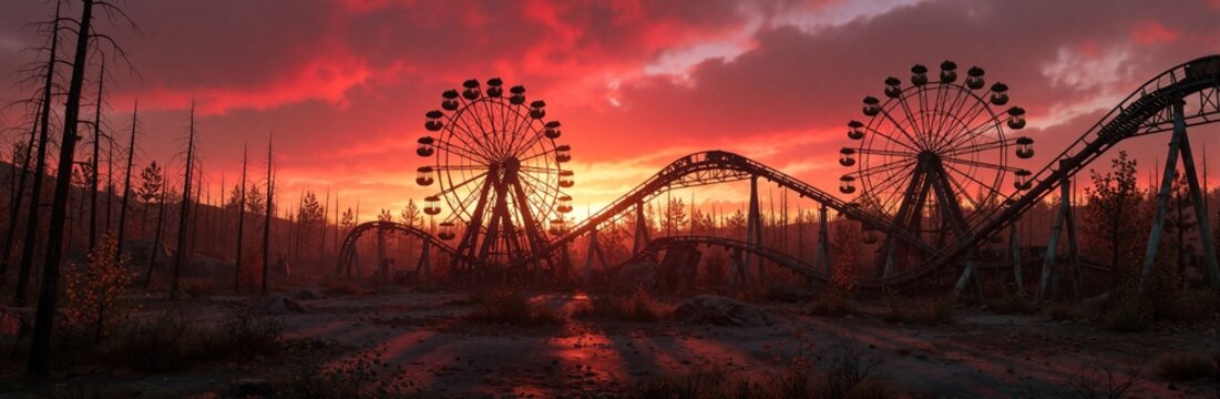 Abandoned amusement park with Ferris wheel and roller coaster silhouetted against a fiery sunset sky. Overgrown nature reclaims decaying structures. Eerie twilight descends over forgotten rides.