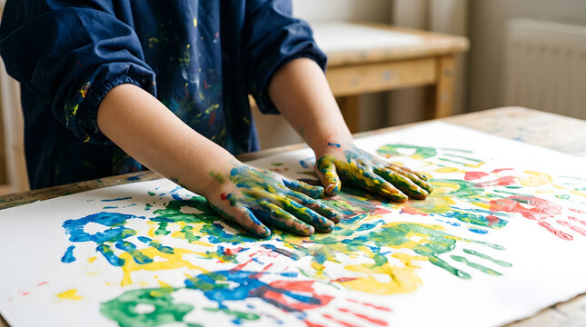 Young child with hands covered in colorful paint making handprint art on white paper