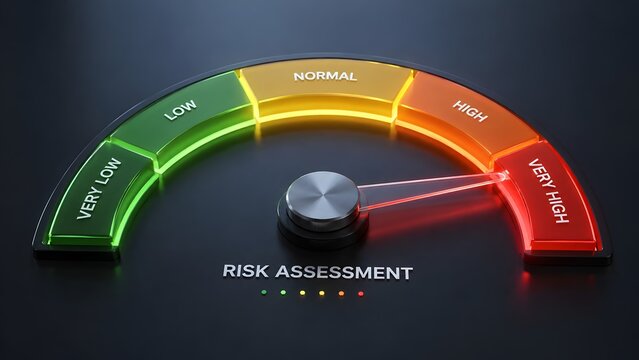 3D risk assessment meter with glowing needle pointing to very high. Concept of financial danger evaluation, project performance indicator, and critical system warning.