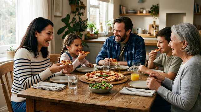 Multi generational family enjoying a pizza dinner together at a wooden table in a bright kitchen