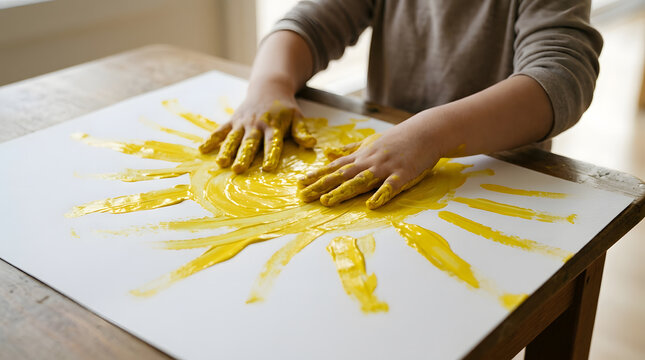 Childs hands covered in yellow paint creating a sun drawing on white paper at a wooden table