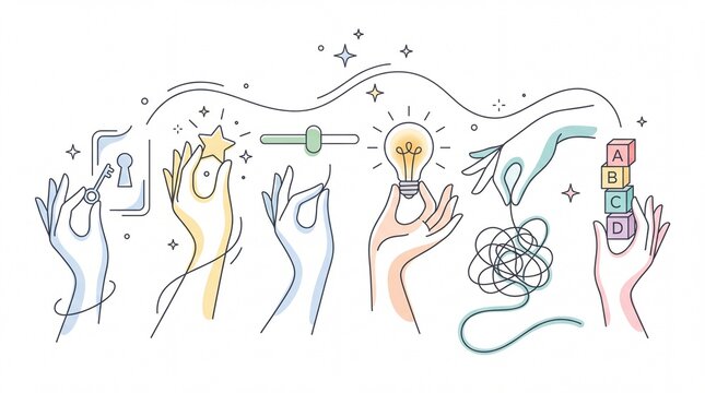 Stylized hands interacting with creative business icons and concepts in a minimal line art on white background