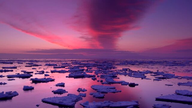 オホーツク海の朝の流氷と雲