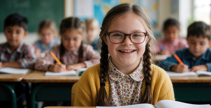 Happy girl with down syndrome wearing glasses sits at desk in primary school classroom. Smiling pupil enjoys lesson with diverse classmates in background. Inclusive education environment supports