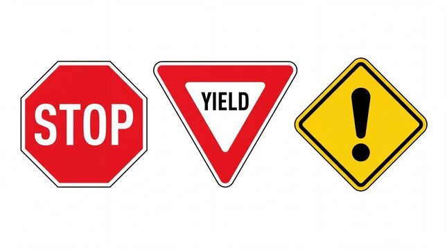 Red stop sign yield sign and yellow caution warning sign displayed together clearly on white background