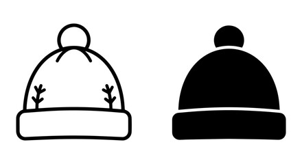 Fototapeta premium Winter Beanies, Two Styles: Outline and Solid Black Icon Set, Cold Weather Headwear