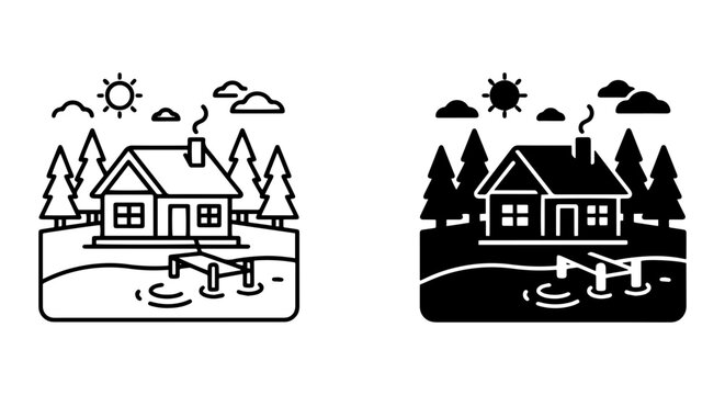 Rustic Cabin Scene Vector Icons, Forest Dwelling, Lakeside Retreat, Outdoor Lifestyle Graphics